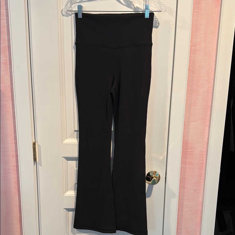 Athleta Black Ribbed High Waisted Flair Bottom Leggings.